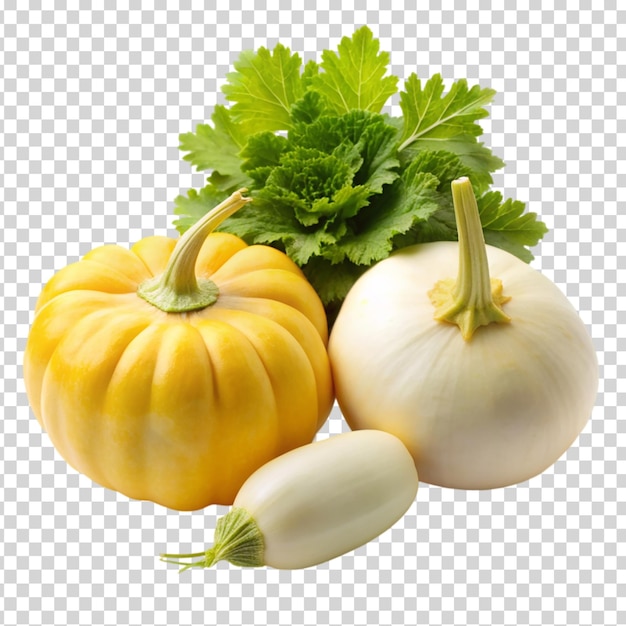 Vegetables including a squash a pumpkin and a white gourd on transparent background