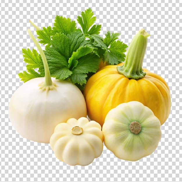 Vegetables including a squash a pumpkin and a white gourd on transparent background