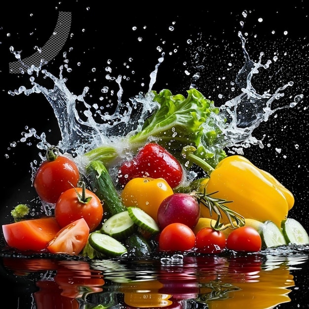 PSD vegetables splash splatter on water isolated