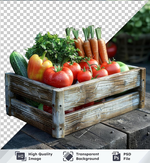 vegetables in a wooden box including orange carrots red tomatoes and a green cucumber