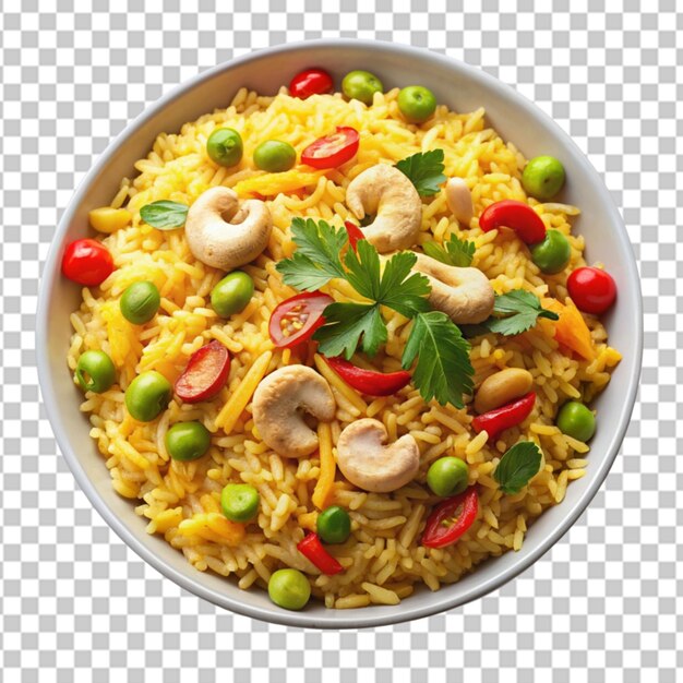 PSD vegetarian rice with curry and cashew nuts isolated on transparent background