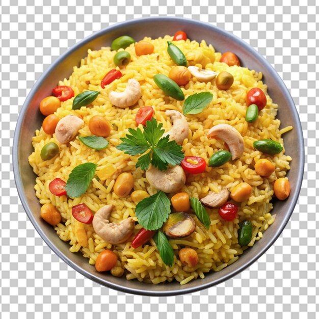 PSD vegetarian rice with curry and cashew nuts isolated on transparent background