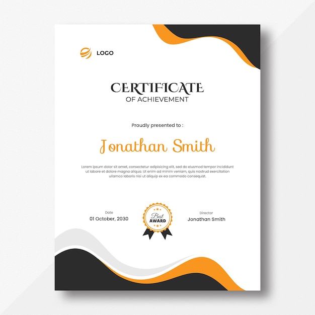 Vertical Abstract Orange Black and Grey Waves Certificate Design Template