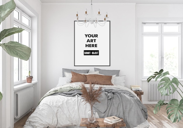 Vertical frame mockup in bedroom