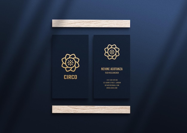 PSD vertical luxury business card mockup with wood