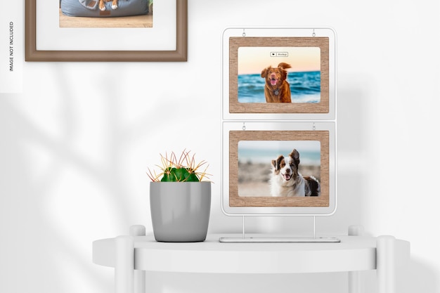 Vertical Photo Frame Stand Mockup, on Table