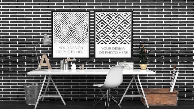 Vertical Posters Mockup In Black Brick Contemporary Home Office