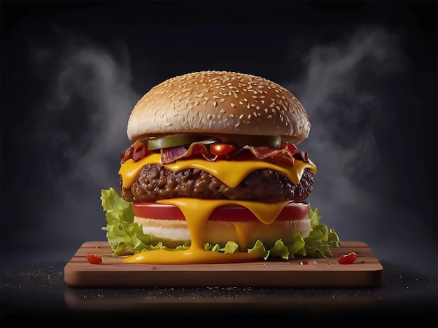 Vertical shot of a delicious hamburger on a wooden plate