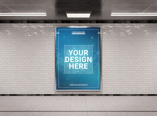 Vertical underground billboard in tunnel Mockup