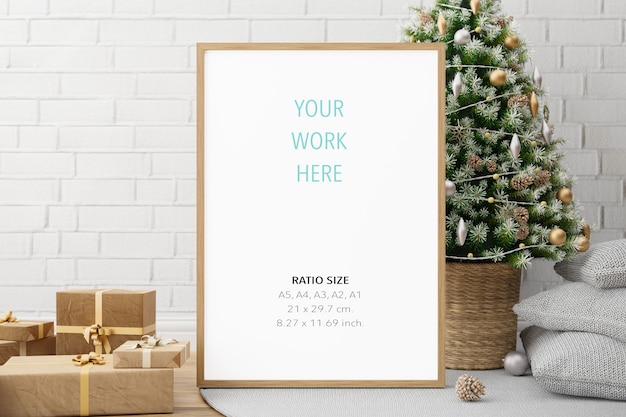 Vertical wooden poster photo frame mockup and Christmas decoration