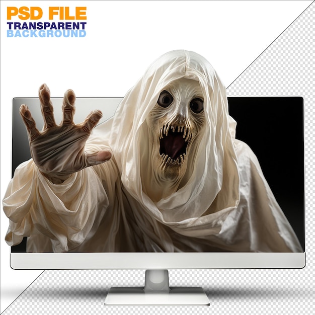 PSD very excitedlooking ghost waving his hands comes out of a computer screen