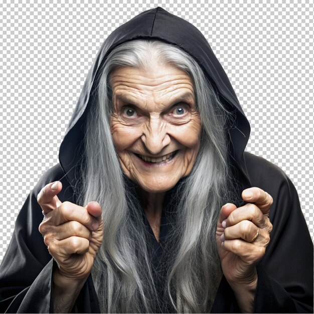 PSD a very old woman with long gray hair isolated on transparent background