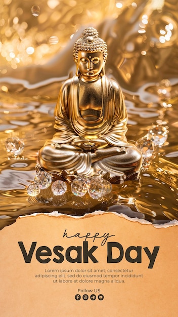 Vesak holiday greeting poster with background A golden Buddha statue in a golden background