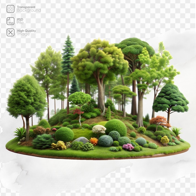 A vibrant 3D illustration of a lush green forest with various trees and plants on a hilltop