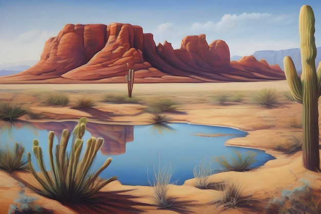 Vibrant acrylic desert landscapes capture arid beauty