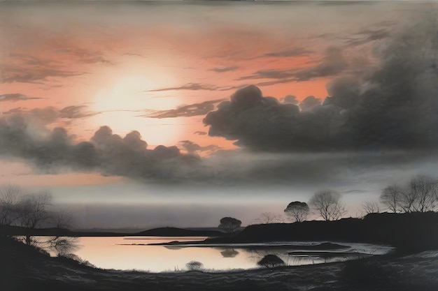 PSD vibrant aquatint print captures breathtaking sunset landscape