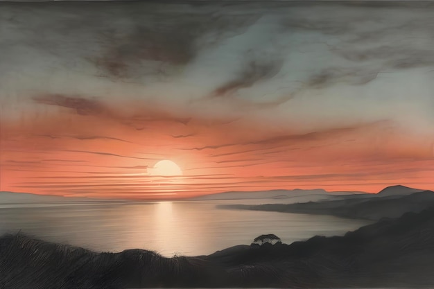 PSD vibrant aquatint print captures breathtaking sunset landscape