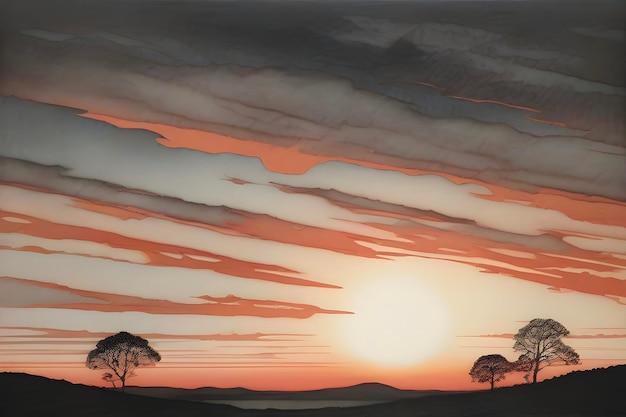 PSD vibrant aquatint print captures breathtaking sunset landscape