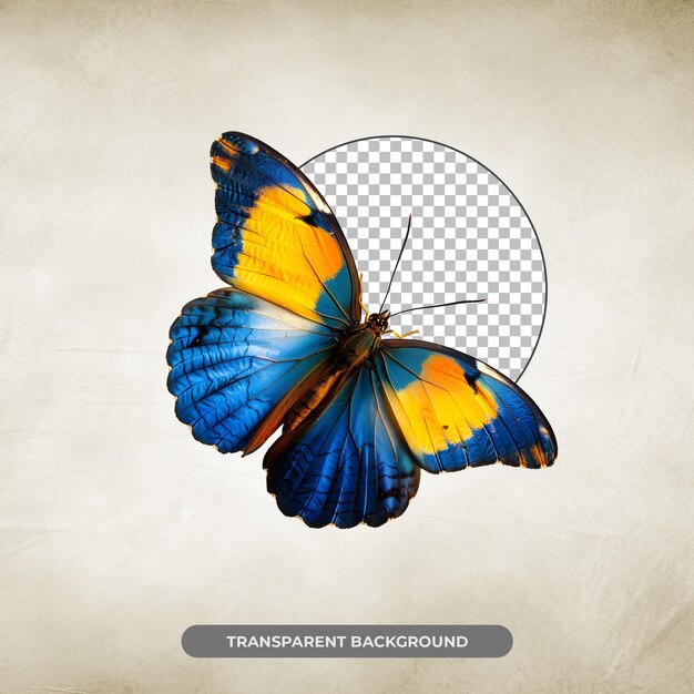 PSD vibrant blue and yellow butterfly wings isolated on transparent background