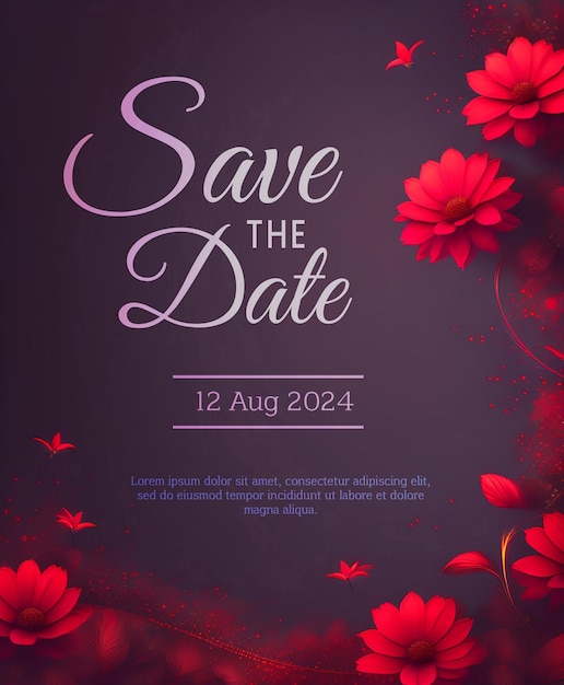 PSD vibrant burgundy floral save the date wedding announcement carddelicate cherry blossom save the date