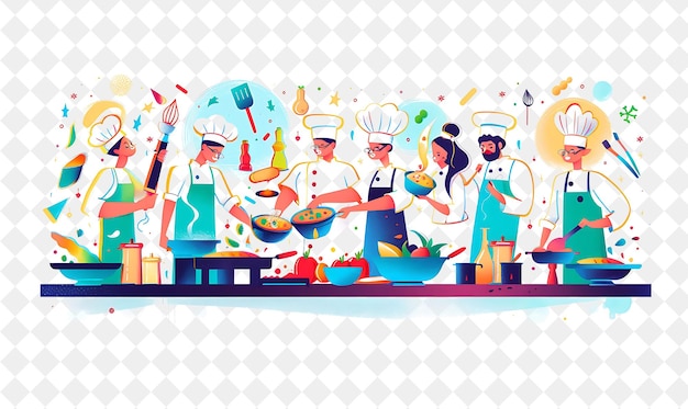 PSD vibrant chef with characters cooking and plating dishes desi png people in daily work illustration