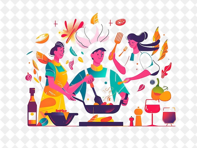 PSD vibrant chef with characters cooking and plating dishes desi png people in daily work illustration