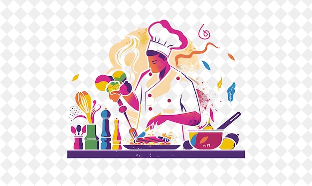 PSD vibrant chef with characters cooking and plating dishes desi png people in daily work illustration