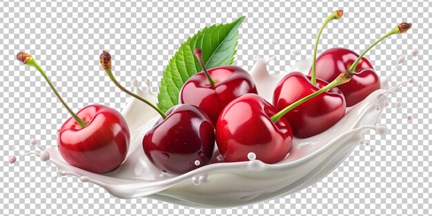 Vibrant cherries with green leaf in milk splash PNG isolated transparent