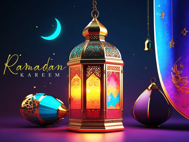 PSD vibrant color ramadan theme with islamic lanterns and mosque illustration 3d rendering