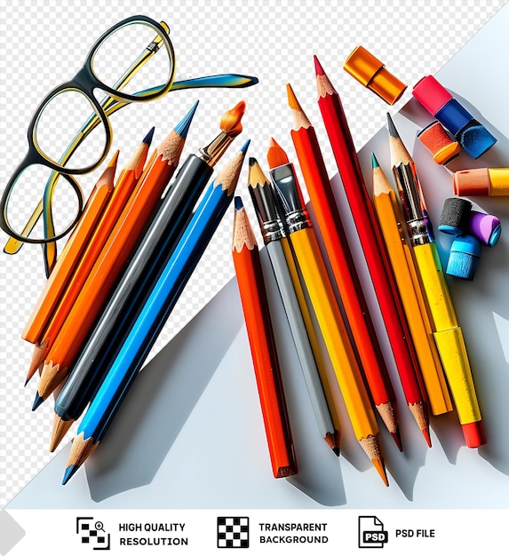 PSD vibrant colored pencils and pens arranged with black glasses on transparent background