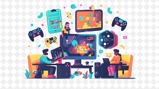 PSD vibrant game tester with characters testing and playing vide png people in daily work illustration