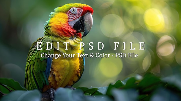 PSD vibrant green and yellow parrot in a lush forest setting