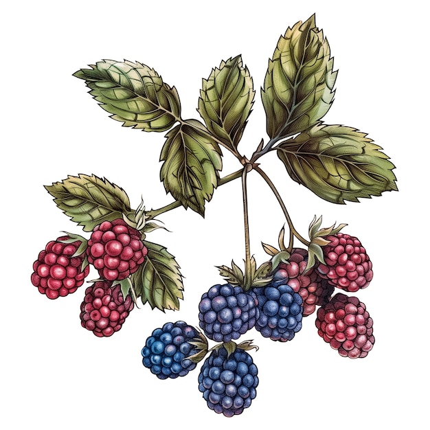 PSD vibrant hand drawn blackberry illustration detailed botanical drawing in colored pencils