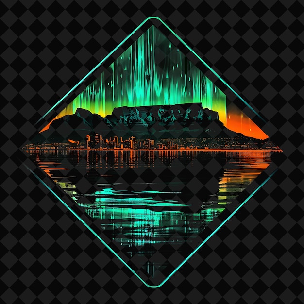 PSD vibrant neon cape town coastline inside a silhouette diamond png y2k monoline cityscape collage art