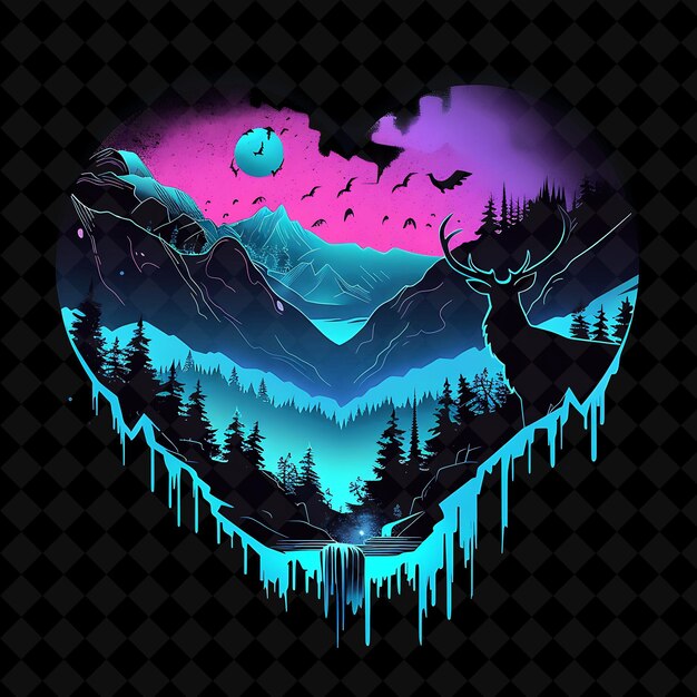 Vibrant Neon Glacier Forest in a Heart Shaped Silhouette Lan PNG Neon Artistic Landscape