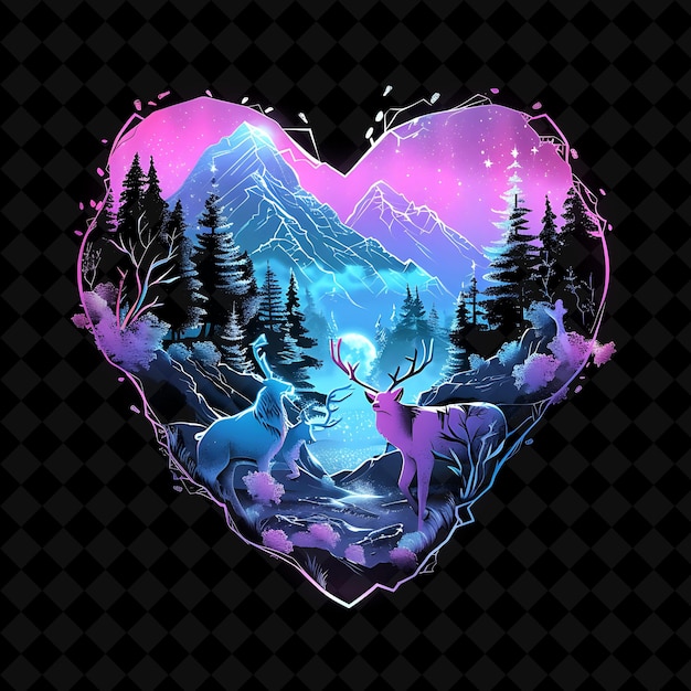 Vibrant Neon Glacier Forest in a Heart Shaped Silhouette Lan PNG Neon Artistic Landscape