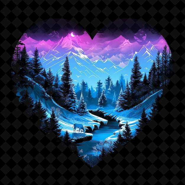 Vibrant Neon Glacier Forest in a Heart Shaped Silhouette Lan PNG Neon Artistic Landscape