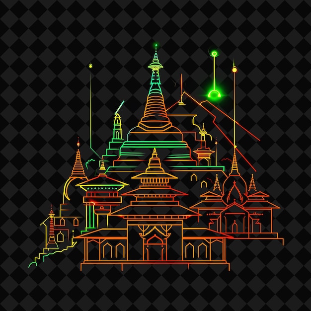 PSD vibrant neon kathmandu cityscape inside a silhouette square png y2k monoline cityscape collage art