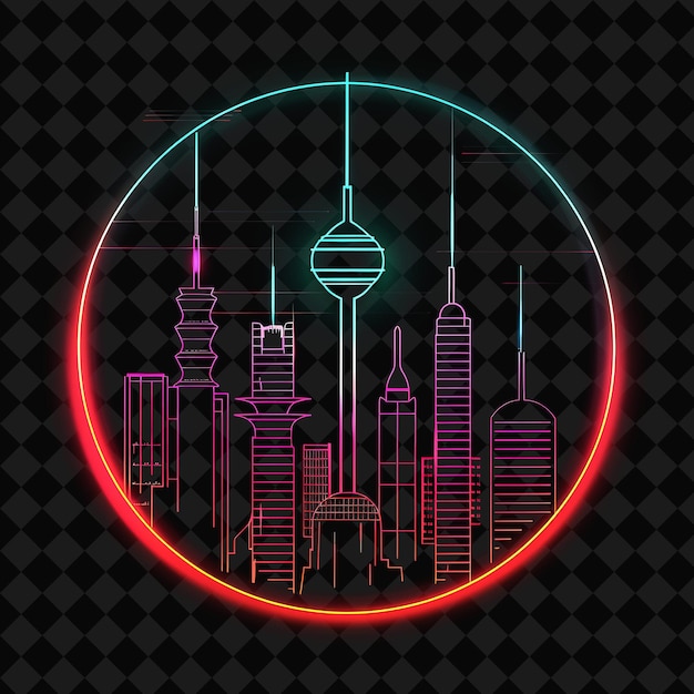 PSD vibrant neon kuwait city panorama inside a geometric silhoue png y2k monoline cityscape collage art