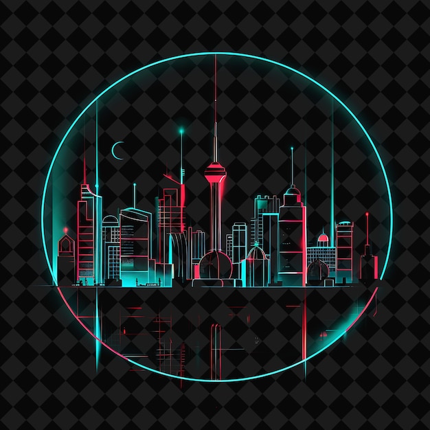 PSD vibrant neon kuwait city panorama inside a geometric silhoue png y2k monoline cityscape collage art