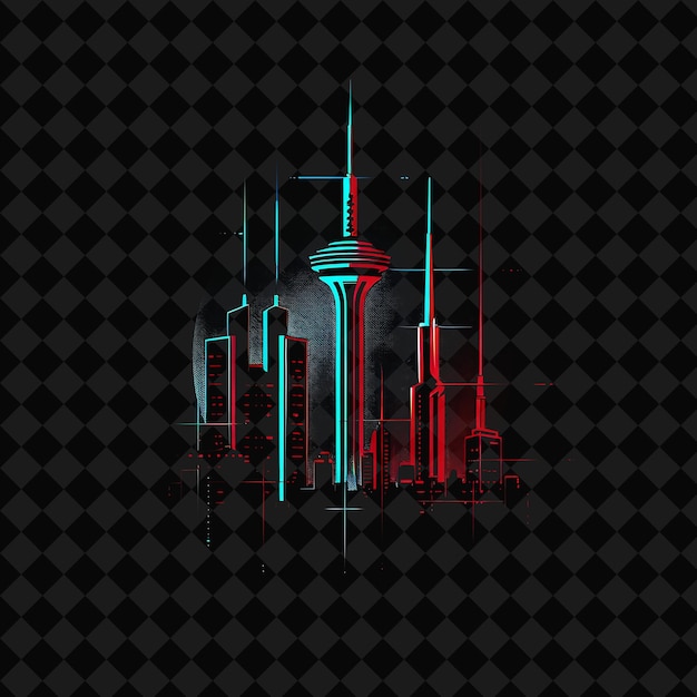 PSD vibrant neon kuwait city panorama inside a geometric silhoue png y2k monoline cityscape collage art