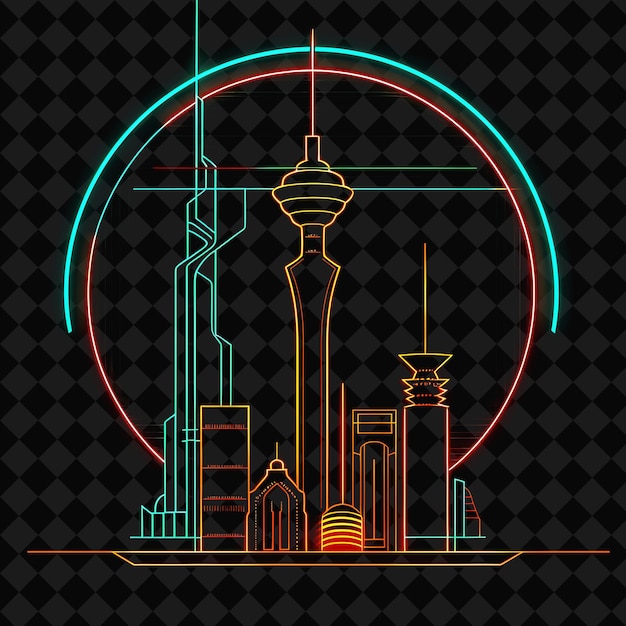 PSD vibrant neon kuwait city panorama inside a geometric silhoue png y2k monoline cityscape collage art