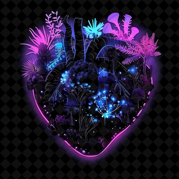 PSD vibrant neon nanotechnology forest inside a silhouette heart png neon artistic landscape