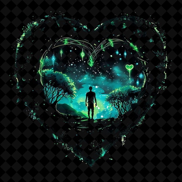 PSD vibrant neon string theory forest inside a silhouette heart png neon artistic landscape