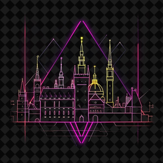 PSD vibrant neon warsaw cityscape inside a geometric silhouette png y2k monoline cityscape collage art