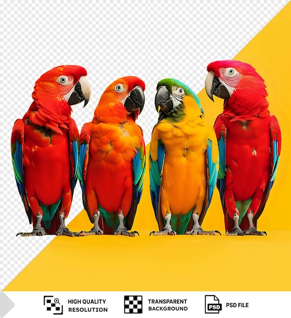 PSD vibrant parrot specimens on transparent background showcasing colorful birds with unique beaks including a striking red parrot