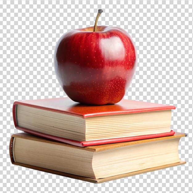 A vibrant red apple perched on top of a stack of books on transparent background