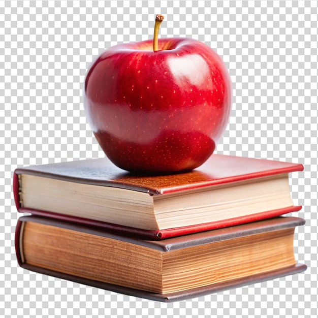 A vibrant red apple perched on top of a stack of books on transparent background