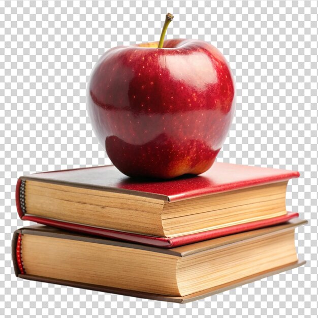 A vibrant red apple perched on top of a stack of books on transparent background