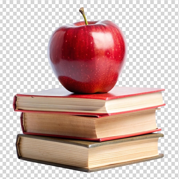 A vibrant red apple perched on top of a stack of books on transparent background